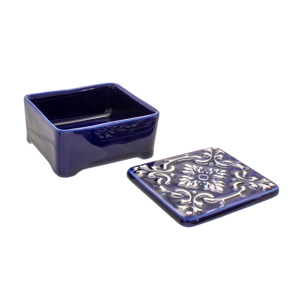 Handbemalte Keramik-Schmuckschatulle: Bleu
