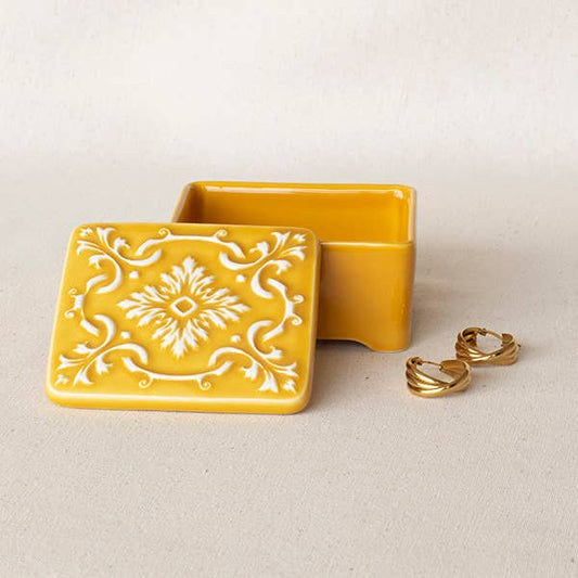 Handbemalte Keramik-Schmuckschatulle: Jaune