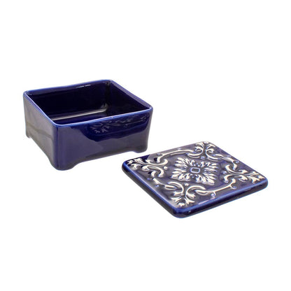 Handbemalte Keramik-Schmuckschatulle: Bleu